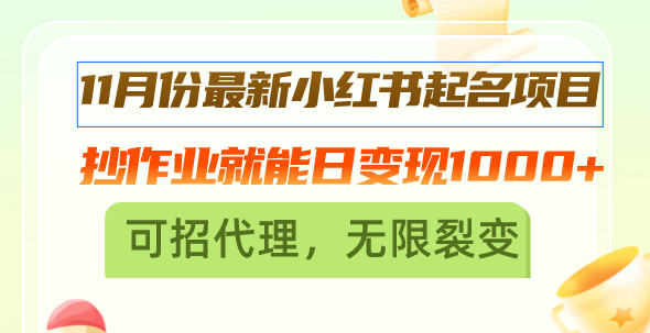 11月份最新小红书起名项目，抄作业就能日变现1000+，可招代理，无限裂变