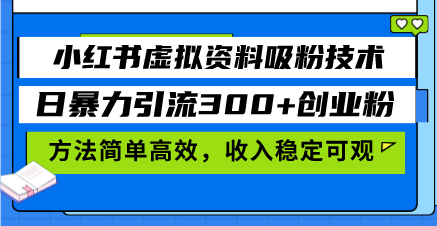 小红书虚拟资料吸粉技术，日暴力引流300+创业粉，方法简单高效，收入稳...