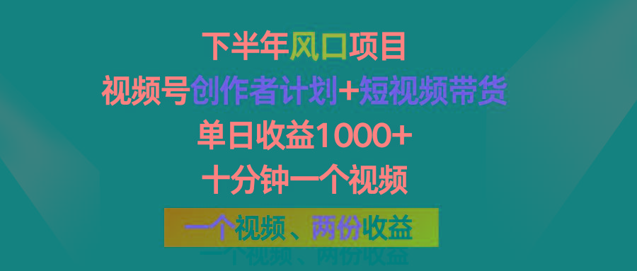 下半年风口项目，视频号创作者计划+视频带货，单日收益1000+，一个视频两份收益